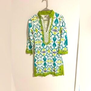 Sheridan French Embellished blue and green tunic dress cotton size 0